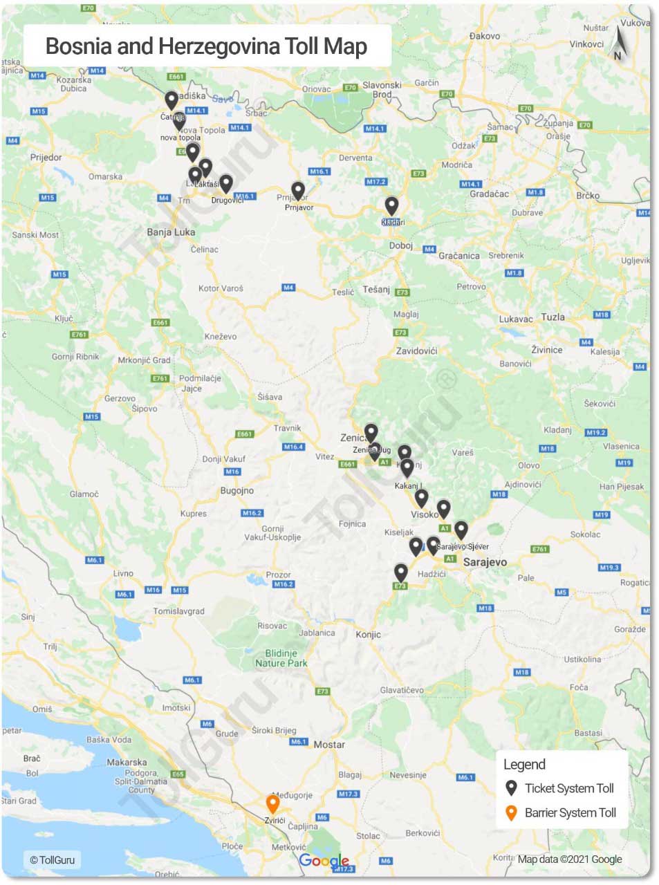 The toll plazas in Bosnia and Herzegovina of all toll roads including A1 and M6 motorways which accept cash, card or ACC tag.