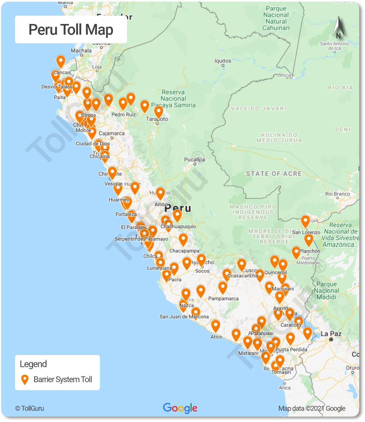 Toll plazas of Peru for all highways and toll facilities including Lima Expressway, Provias Nacional and road networks of Ositrán.
