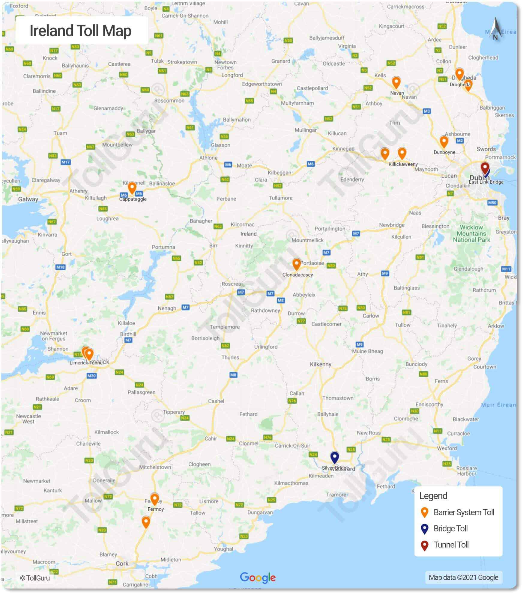 The toll plazas in Ireland of all motorways, bridges and tunnels including Dublin tunnel, East Link bridge, and M1 Motorway.